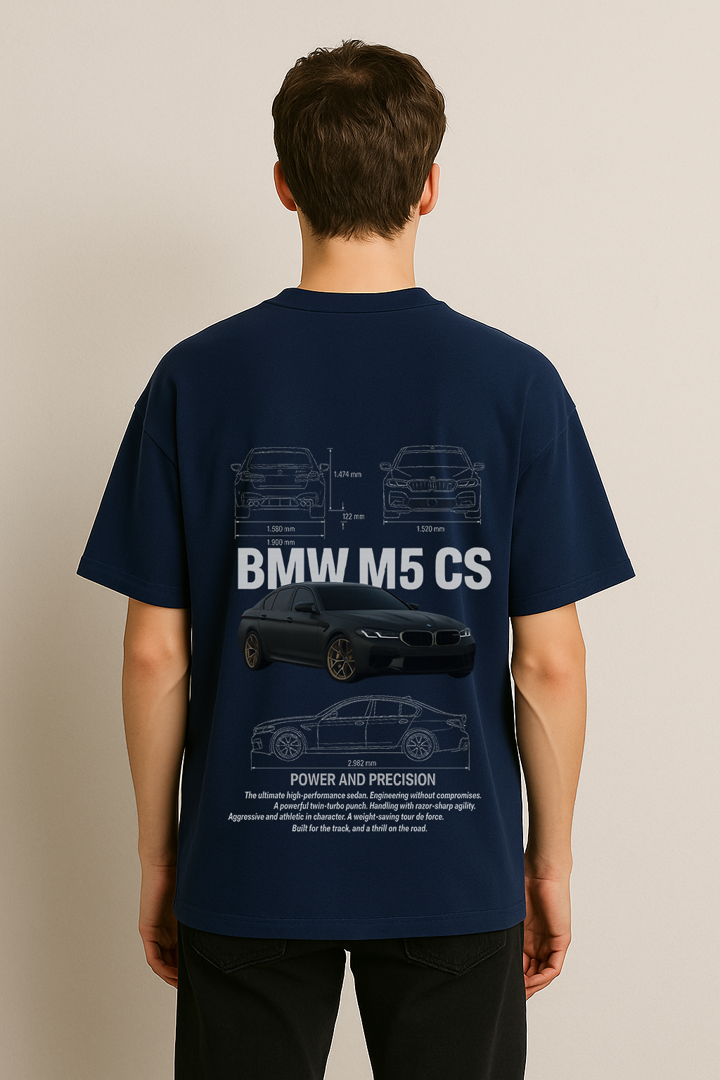 BMW M5 CS Oversized T-Shirt – French Terry Cotton, Car Blueprint Graphic